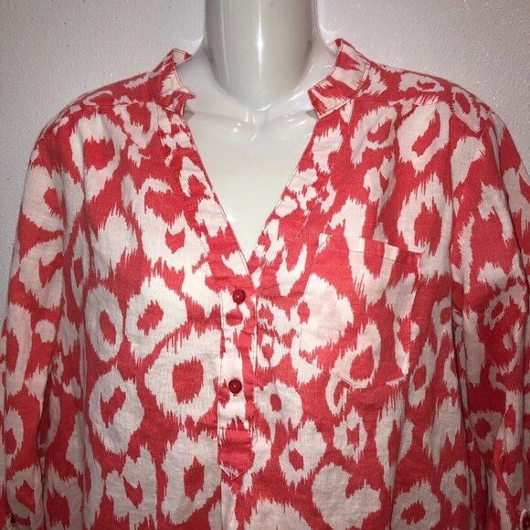 Allison Taylor Medium Pink Peacock Print 3/4 Sleeve Linen Tunic Blouse Top Shirt - Picture 5 of 11